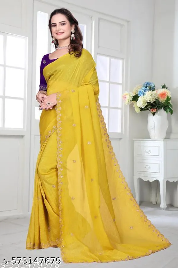 Crunchy_Fabrics_Lemon_Yellow_Saree_With_Embroidery_Work_With_Full_Hand_Work_Cruncy_Purple_Blouse_By_Kraddle