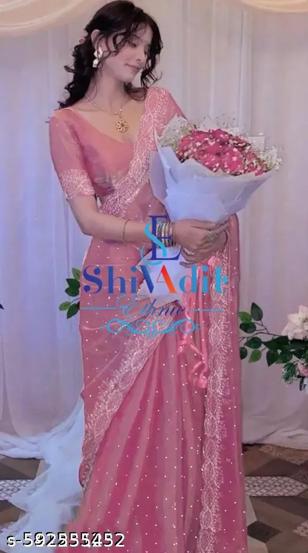 Fancy_Organza_Saree_With_Swarovski_Work_Lightweight_Party_Wear_Saree_Fabric_With_Blouse_Piece_Swarovski_Work_Saree_In_Party_Wear_Indian_Saree_With_Moti_Warck_Minimam_Border_Design_Fancy_Saree_For_Women_Peral_Work_Stylish_Modern_Look