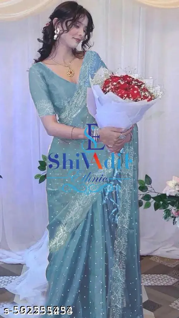 Fancy_Organza_Saree_With_Swarovski_Work_Lightweight_Party_Wear_Saree_Fabric_With_Blouse_Piece_Swarovski_Work_Saree_In_Party_Wear_Indian_Saree_With_Moti_Warck_Minimam_Border_Design_Fancy_Saree_For_Women_Peral_Work_Stylish_Modern_Look