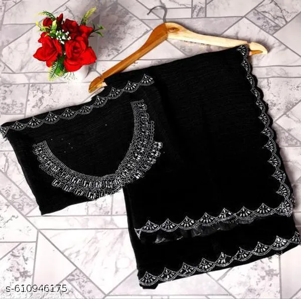 New_Trending_Bollywood_Georgatte_Saree_With_Hotfix_Siroski_Daimond_And_Cutwork_Border_Fancy_Plain_Saree_Sari_Beads_Stones_Saree