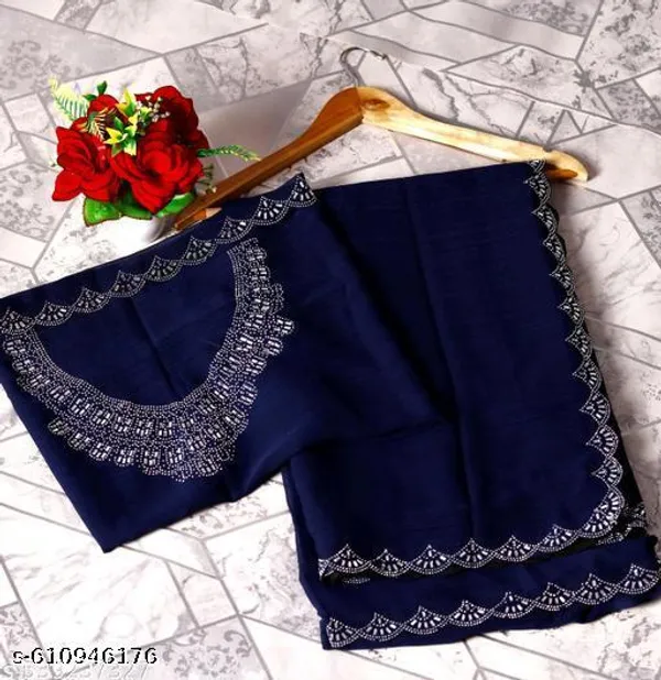New_Trending_Bollywood_Georgatte_Saree_With_Hotfix_Siroski_Daimond_And_Cutwork_Border_Fancy_Plain_Saree_Sari_Beads_Stones_Saree