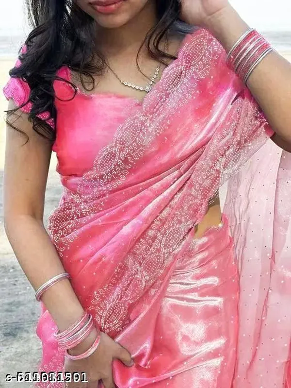 Fancy_Jimmy_Choo_Organza_Saree_With_Swarovski_Work_Lightweight_Party_Wear_Saree_Fabric_With_Blouse_Piece_Swarovski_Work_Saree_In_Party_Wear_Indian_Saree_With_Moti_Warck_Minimam_Border_Design_Fancy_Saree_For_Women_Peral_Work_Stylish_Modern_Look