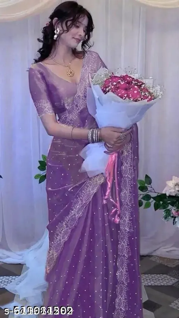 Fancy_Jimmy_Choo_Organza_Saree_With_Swarovski_Work_Lightweight_Party_Wear_Saree_Fabric_With_Blouse_Piece_Swarovski_Work_Saree_In_Party_Wear_Indian_Saree_With_Moti_Warck_Minimam_Border_Design_Fancy_Saree_For_Women_Peral_Work_Stylish_Modern_Look