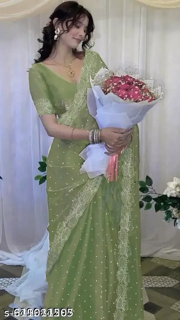 Fancy_Jimmy_Choo_Organza_Saree_With_Swarovski_Work_Lightweight_Party_Wear_Saree_Fabric_With_Blouse_Piece_Swarovski_Work_Saree_In_Party_Wear_Indian_Saree_With_Moti_Warck_Minimam_Border_Design_Fancy_Saree_For_Women_Peral_Work_Stylish_Modern_Look