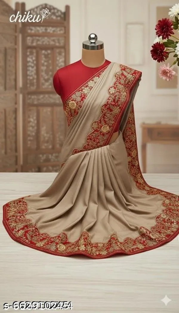 Cream_Georgette_Saree_With_Red_Embroidered_Border_Blouse_Piece