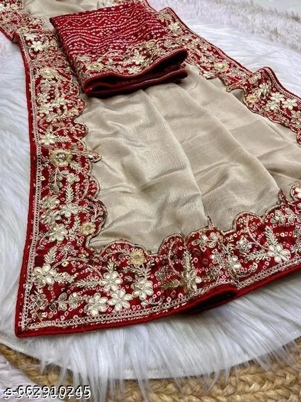 Cream_Georgette_Saree_With_Red_Embroidered_Border_Blouse_Piece