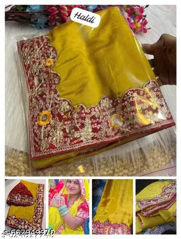 Yellow_Georgette_Saree_With_Red_Embroidered_Border_Blouse_Piece