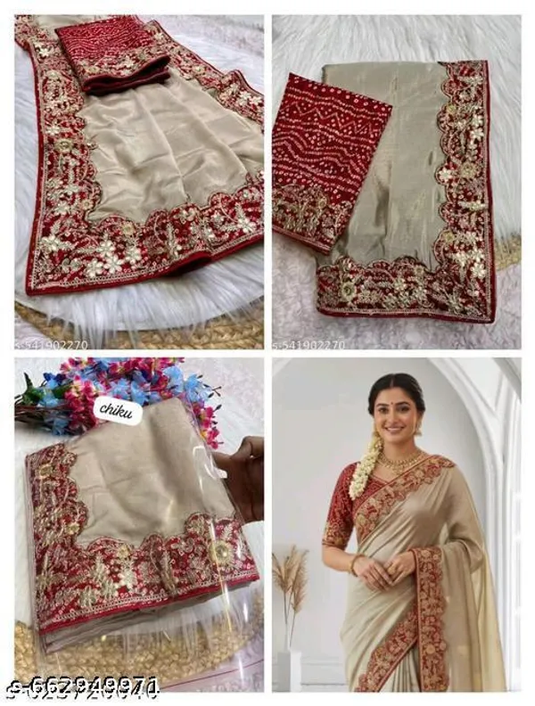 Cream_Georgette_Saree_With_Red_Embroidered_Border_Blouse_Piece