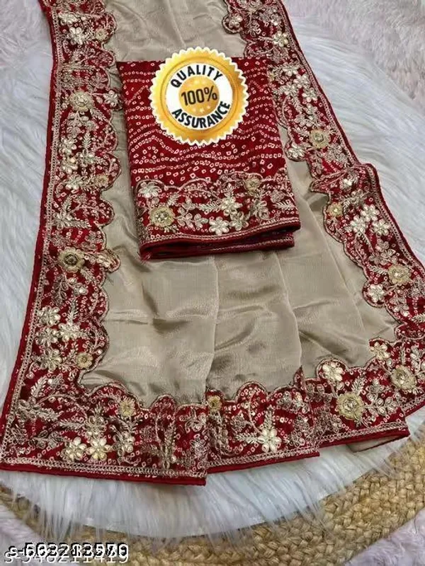 Cream_Georgette_Saree_With_Red_Embroidered_Border_Blouse_Piece