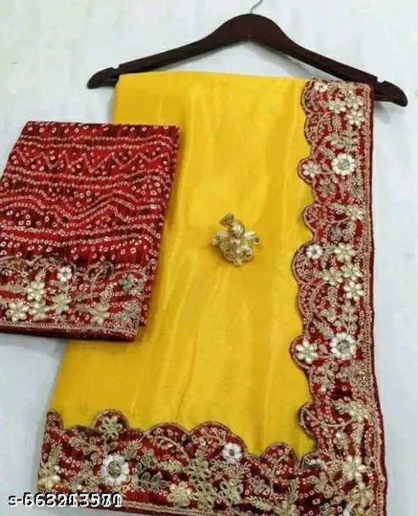 Yellow_Georgette_Saree_With_Red_Embroidered_Border_Blouse_Piece