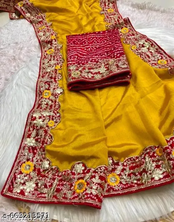 Yellow_Georgette_Saree_With_Red_Embroidered_Border_Blouse_Piece