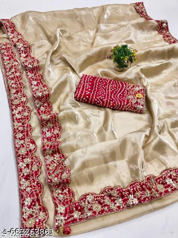 Beautiful_Chinnon_Silk_Saree_With_Bandhej_Gotta_Work_Cream