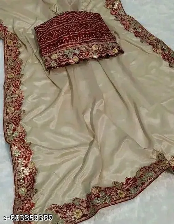 Designer_Chinnon_Saree_With_Red_Embroidered_Border_Blouse_Piece_Stylish_Party_And_Wedding_Saree_For_Women
