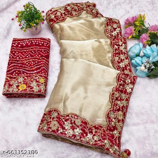 Designer_Chinnon_Saree_With_Red_Embroidered_Border_Blouse_Piece_Stylish_Party_And_Wedding_Saree_For_Women