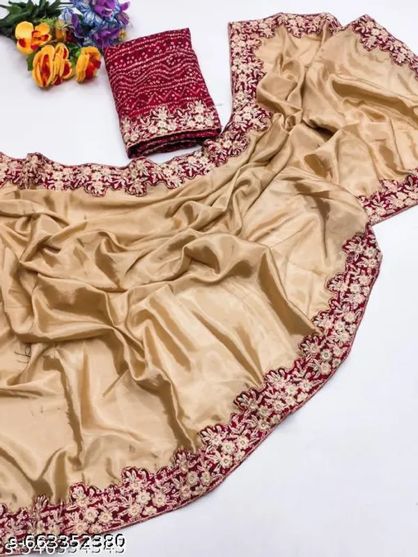 Designer_Chinnon_Saree_With_Red_Embroidered_Border_Blouse_Piece_Stylish_Party_And_Wedding_Saree_For_Women