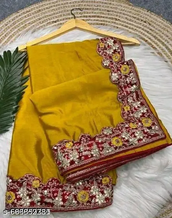 Designer_Chinnon_Saree_With_Red_Embroidered_Border_Blouse_Piece_Stylish_Party_And_Wedding_Saree_For_Women