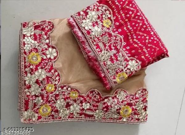 Meshoo_Trending_Chinnon_Sequence_Embroidered_Elegant_Cream_Color_Sreee_With_Gota_Work_Bandhani_Blouse_Saree_For_Women_Trending_Saree_For_Women_Bollywood_Stylish_Fancy_Party_Wear_Wedding_Festive_Bridal_Sari_Saree_For_Women