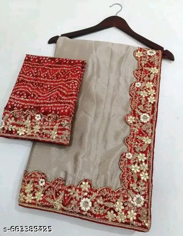 Meshoo_Trending_Chinnon_Sequence_Embroidered_Elegant_Cream_Color_Sreee_With_Gota_Work_Bandhani_Blouse_Saree_For_Women_Trending_Saree_For_Women_Bollywood_Stylish_Fancy_Party_Wear_Wedding_Festive_Bridal_Sari_Saree_For_Women