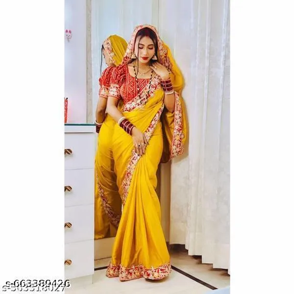 Meshoo_Trending_Chinnon_Sequence_Embroidered_Elegant_Yellow_Color_Sreee_With_Gota_Work_Bandhani_Blouse_Saree_For_Women_Trending_Saree_For_Women_Bollywood_Stylish_Fancy_Party_Wear_Wedding_Festive_Bridal_Sari_Saree_For_Women