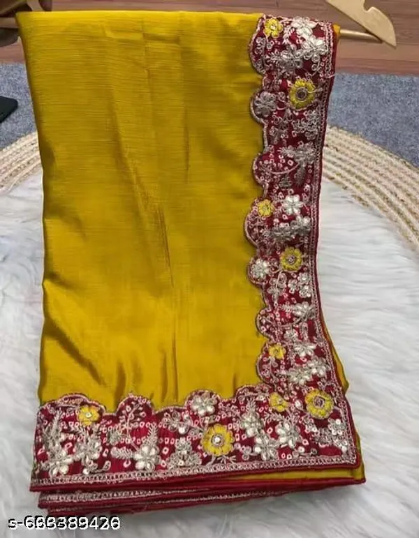 Meshoo_Trending_Chinnon_Sequence_Embroidered_Elegant_Yellow_Color_Sreee_With_Gota_Work_Bandhani_Blouse_Saree_For_Women_Trending_Saree_For_Women_Bollywood_Stylish_Fancy_Party_Wear_Wedding_Festive_Bridal_Sari_Saree_For_Women