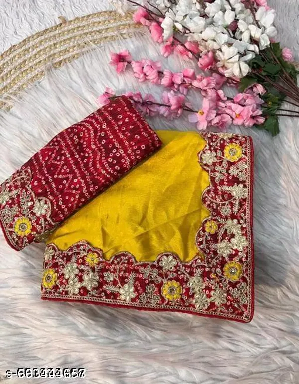Meshoo_Trending_Chinnon_Sequence_Embroidered_Elegant_Yellow_Color_Sreee_With_Gota_Work_Bandhani_Blouse_Saree_For_Women_Trending_Saree_For_Women_Bollywood_Stylish_Fancy_Party_Wear_Wedding_Festive_Bridal_Sari_Saree_For_Women