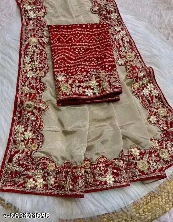Meshoo_Trending_Chinnon_Sequence_Embroidered_Elegant_Cream_Color_Sreee_With_Gota_Work_Bandhani_Blouse_Saree_For_Women_Trending_Saree_For_Women_Bollywood_Stylish_Fancy_Party_Wear_Wedding_Festive_Bridal_Sari_Saree_For_Women