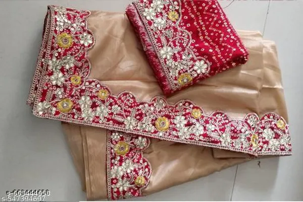 Meshoo_Trending_Chinnon_Sequence_Embroidered_Elegant_Cream_Color_Sreee_With_Gota_Work_Bandhani_Blouse_Saree_For_Women_Trending_Saree_For_Women_Bollywood_Stylish_Fancy_Party_Wear_Wedding_Festive_Bridal_Sari_Saree_For_Women