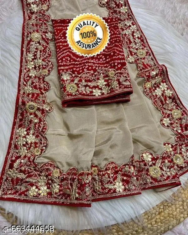 Meshoo_Trending_Chinnon_Sequence_Embroidered_Elegant_Cream_Color_Sreee_With_Gota_Work_Bandhani_Blouse_Saree_For_Women_Trending_Saree_For_Women_Bollywood_Stylish_Fancy_Party_Wear_Wedding_Festive_Bridal_Sari_Saree_For_Women