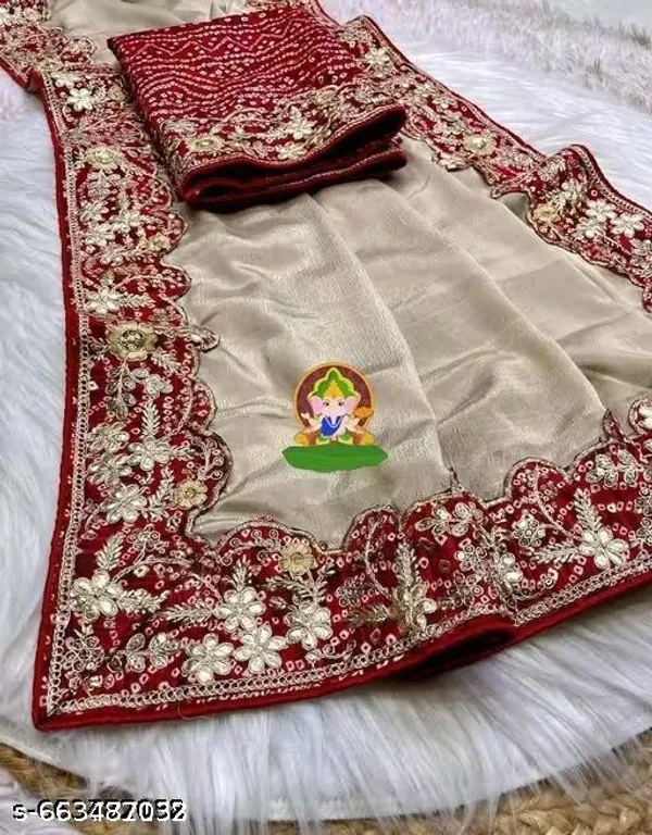 Beautiful_Chinnon_Silk_Saree_With_Bandhej_Gotta_Work_Cream