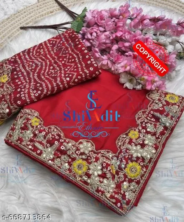 Women_S_Leheriya_Bandhani_Printed_Embroidered_Red_Pure_Chinnon_Saree_With_Heavy_Work_Blouse