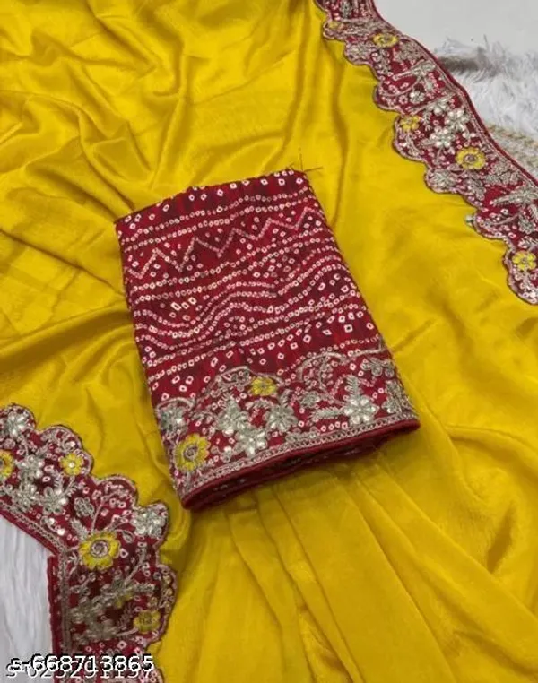 Women_S_Leheriya_Bandhani_Printed_Embroidered_Yellow_Pure_Chinnon_Saree_With_Heavy_Work_Blouse
