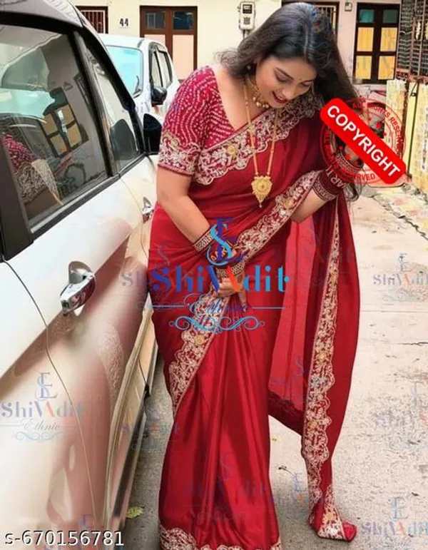 Designer_Chinnon_Saree_With_Red_Embroidered_Border_Blouse_Piece_Stylish_Party_And_Wedding_Saree_For_Women