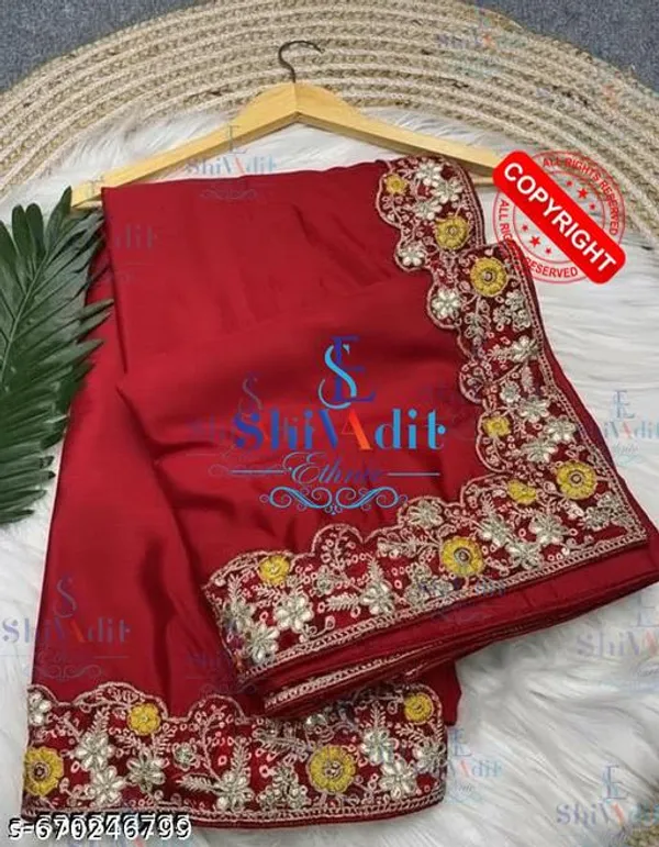 Red_Chinnon_Saree_With_Red_Bandhani_Embroidered_Gota_Work_Border_Blouse_Piece