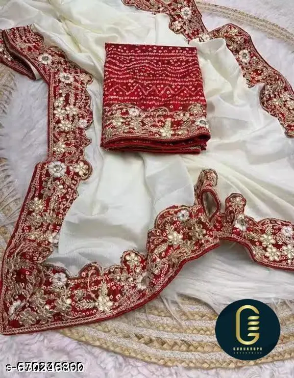 White_Red_Chinnon_Saree_With_Red_Bandhani_Embroidered_Gota_Work_Border_Blouse_Piece