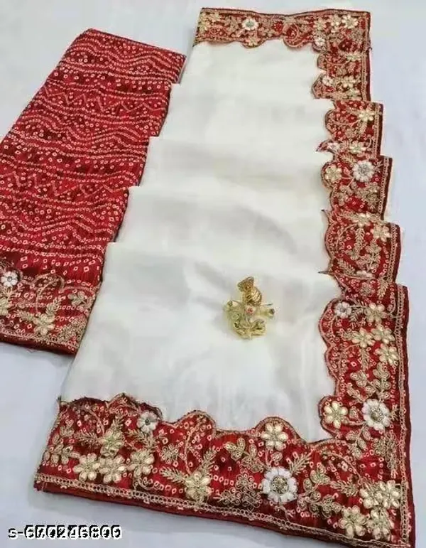 White_Red_Chinnon_Saree_With_Red_Bandhani_Embroidered_Gota_Work_Border_Blouse_Piece
