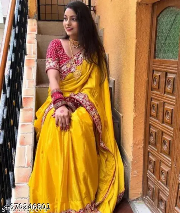 Yellow_Red_Chinnon_Saree_With_Red_Bandhani_Embroidered_Gota_Work_Border_Blouse_Piece