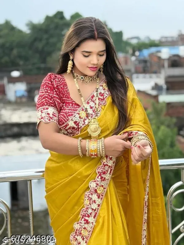 Yellow_Red_Chinnon_Saree_With_Red_Bandhani_Embroidered_Gota_Work_Border_Blouse_Piece