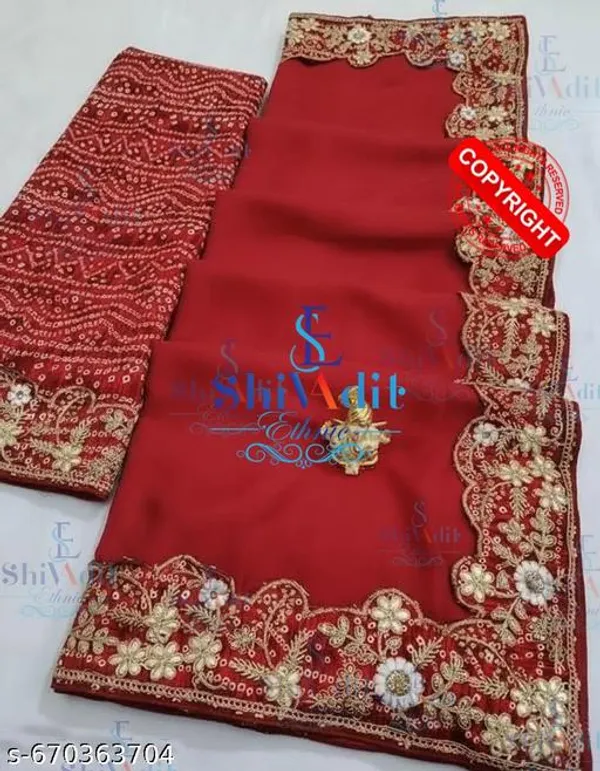 Trending_Beautiful_Chinnon_Red_Gota_Patti_Work_Bandhani_Lace_Embroidered_Worked_Lace_Saree_With_Bandhej_Blouse_Piece