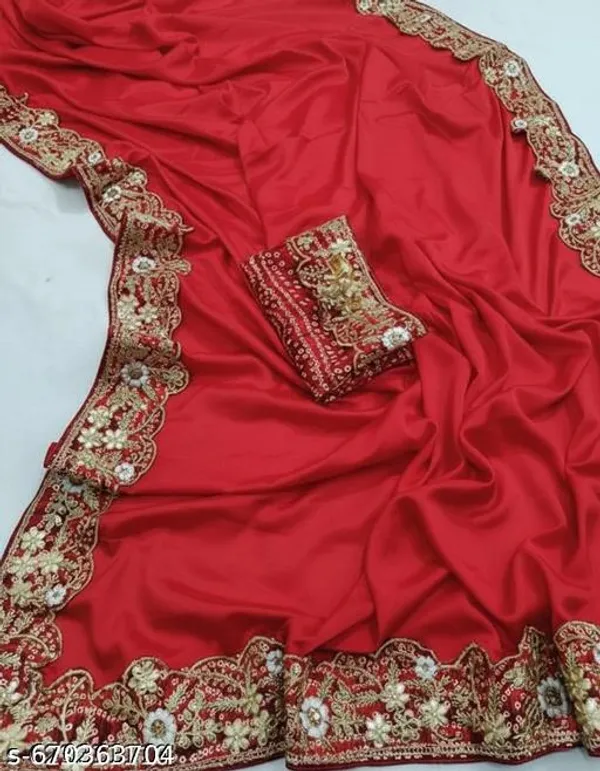 Trending_Beautiful_Chinnon_Red_Gota_Patti_Work_Bandhani_Lace_Embroidered_Worked_Lace_Saree_With_Bandhej_Blouse_Piece