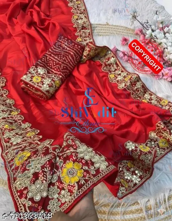 Trending_Beautiful_Chinnon_Red_Gota_Patti_Work_Bandhani_Lace_Embroidered_Worked_Lace_Saree_With_Bandhej_Blouse_Piece