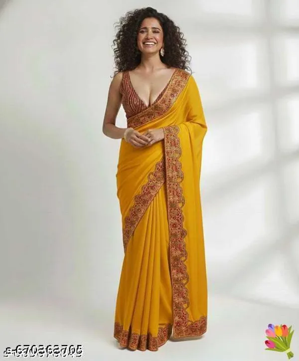 Trending_Beautiful_Chinnon_Yellow_Gota_Patti_Work_Bandhani_Lace_Embroidered_Worked_Lace_Saree_With_Bandhej_Blouse_Piece