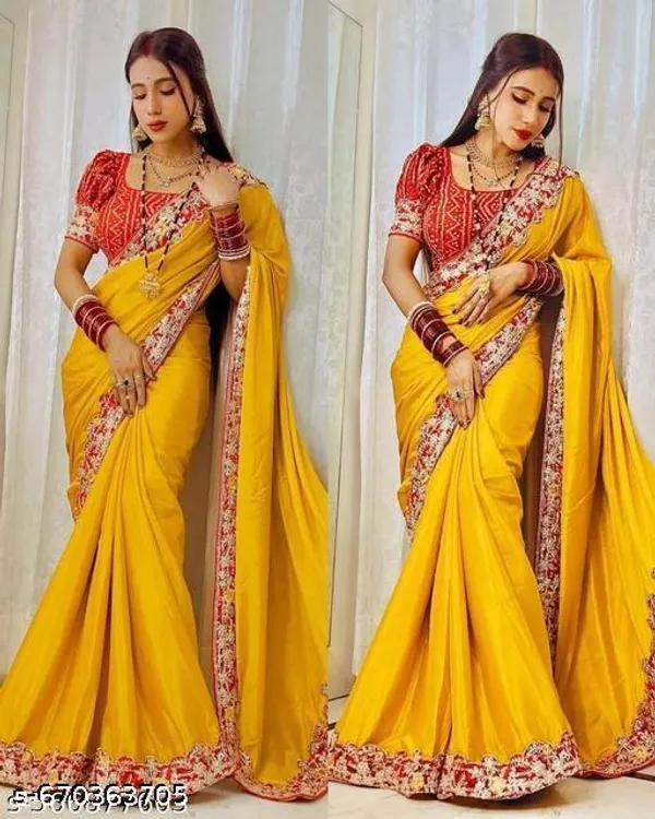 Trending_Beautiful_Chinnon_Yellow_Gota_Patti_Work_Bandhani_Lace_Embroidered_Worked_Lace_Saree_With_Bandhej_Blouse_Piece