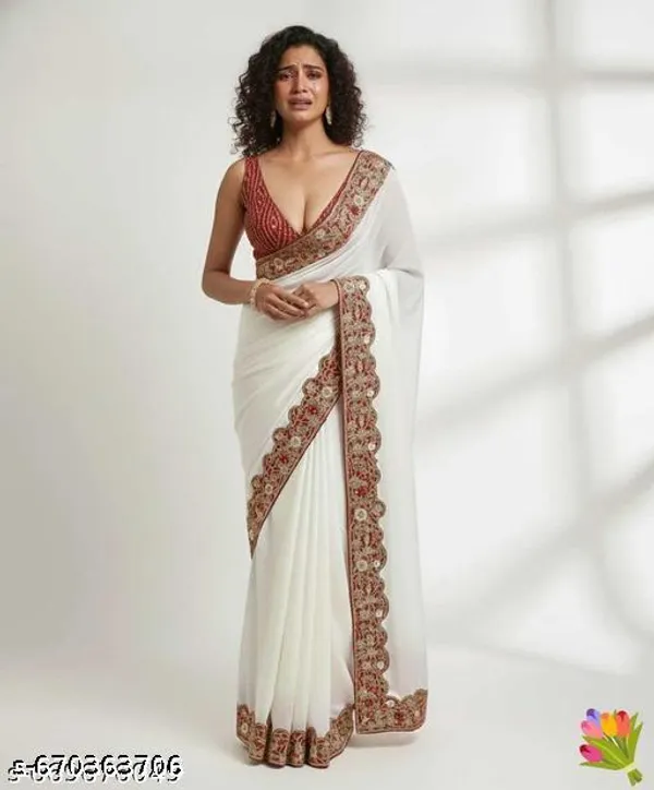 Trending_Beautiful_Chinnon_White_Gota_Patti_Work_Bandhani_Lace_Embroidered_Worked_Lace_Saree_With_Bandhej_Blouse_Piece