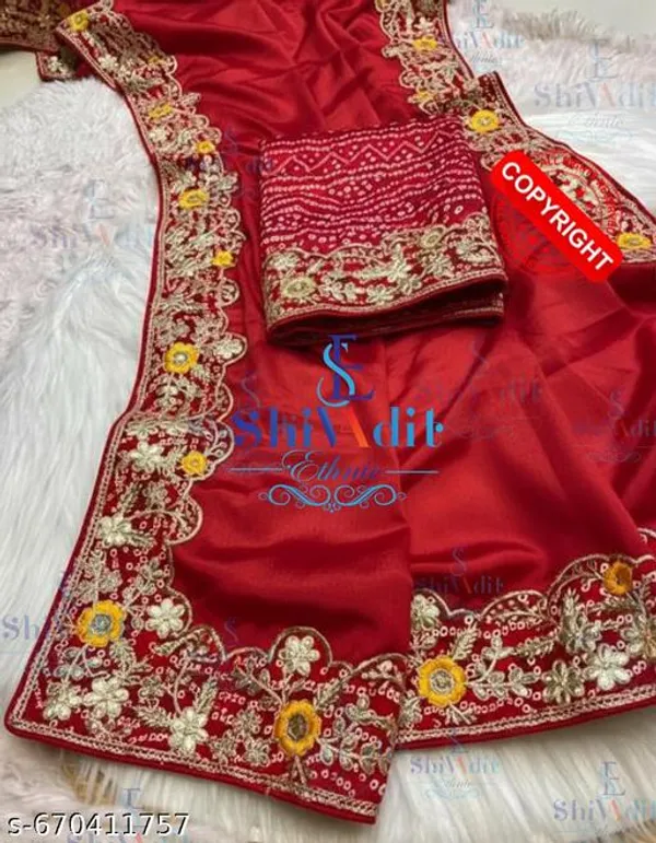 New_Superhit_Bandhani_Print_Gota_Patti_Work_Chinno_Silk_Trending_Embroidered_Cotton_Thread_Sequins_Work_Designer_Saree