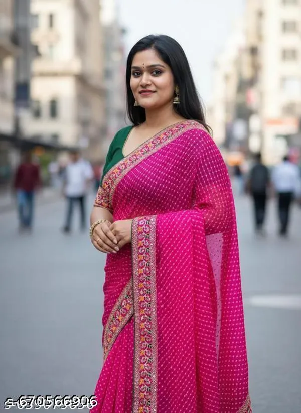 Bandhani_Lehriya_Latest_Rani_Pink_Saree_With_Embroidered_Golden_Lace_Border_Stylish_Designer_Blouse