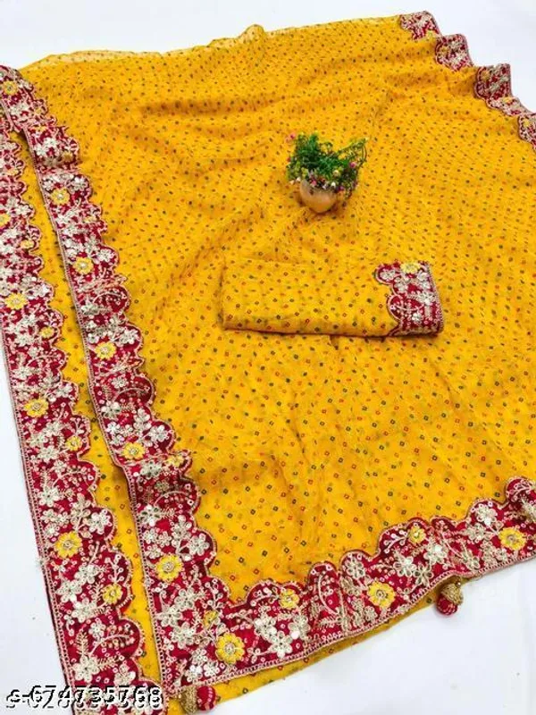 Designer_Chiffon_Yellow_Saree_With_Red_Embroidered_Border_Blouse_Piece_Stylish_Party_And_Wedding_Saree_For_Women_Beautiful_Bandhani_Printed_Georgette_Sarees_With_Peacock_Work_Border_And_Contrast_Blouse