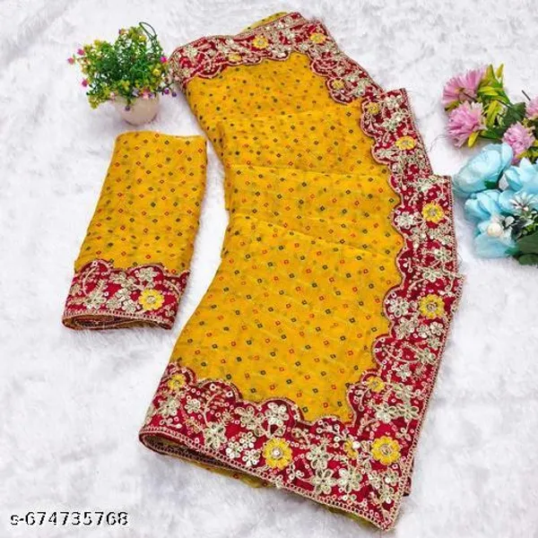 Designer_Chiffon_Yellow_Saree_With_Red_Embroidered_Border_Blouse_Piece_Stylish_Party_And_Wedding_Saree_For_Women_Beautiful_Bandhani_Printed_Georgette_Sarees_With_Peacock_Work_Border_And_Contrast_Blouse