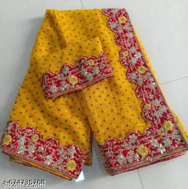 Designer_Chiffon_Yellow_Saree_With_Red_Embroidered_Border_Blouse_Piece_Stylish_Party_And_Wedding_Saree_For_Women_Beautiful_Bandhani_Printed_Georgette_Sarees_With_Peacock_Work_Border_And_Contrast_Blouse