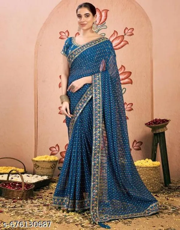 Sawan_Special_Lahariya_Print_Georgette_Saree_Soft_Georgette_Fabric_With_Codding_Sequence_With_Multi_Colour_Dhaga_Embroidery_Work_Lace_On_Border_Superhit_Mothra_Design_With_Blouse