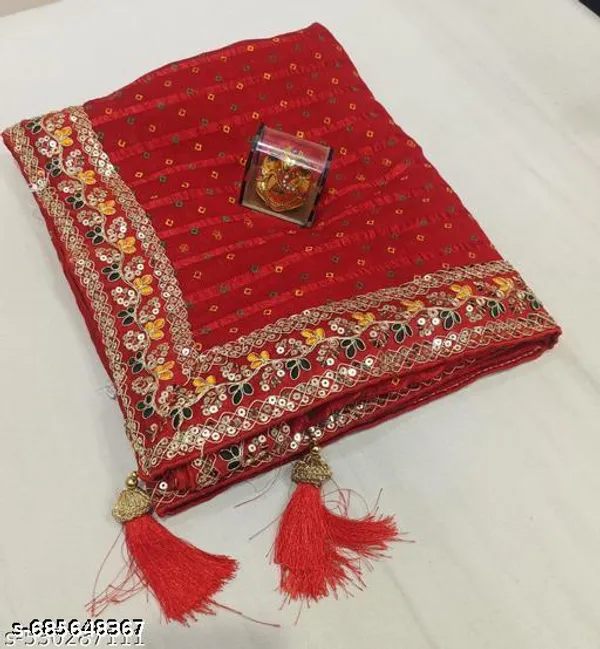 Red_Bandhani_Saree_With_Heavy_Embroidered_Blouse_Piece
